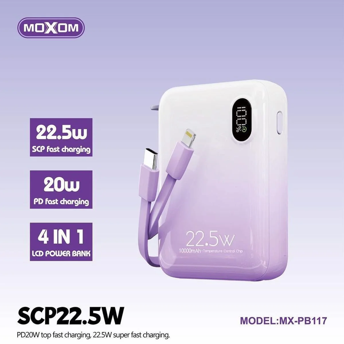 Φωτογραφία προϊόντος: OEM Moxom Power Bank 10000mAh 22.5W 4in1 MX-PB117- Μωβ 53050869