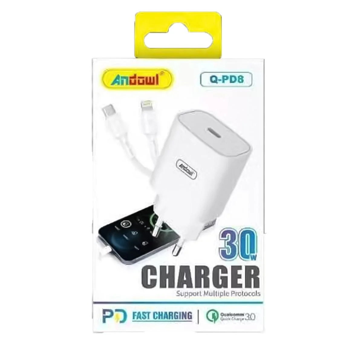 Φωτογραφία προϊόντος: OEM Andowl Φορτιστής με Θύρα USB-C και Καλώδιο USB-C - Lightning 30W Λευκός (Q-PD8)