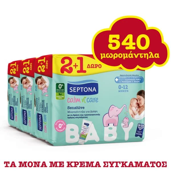 Φωτογραφία προϊόντος: Septona Calm N' Care Sensitive Μωρομάντηλα χωρίς Οινόπνευμα & Parabens 9x60τμχ