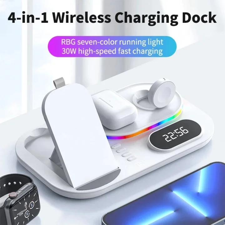 Φωτογραφία προϊόντος: OEM RGB Fast Wireless Charger RGB LED 4 In 1 Wireless Charging Station (White)