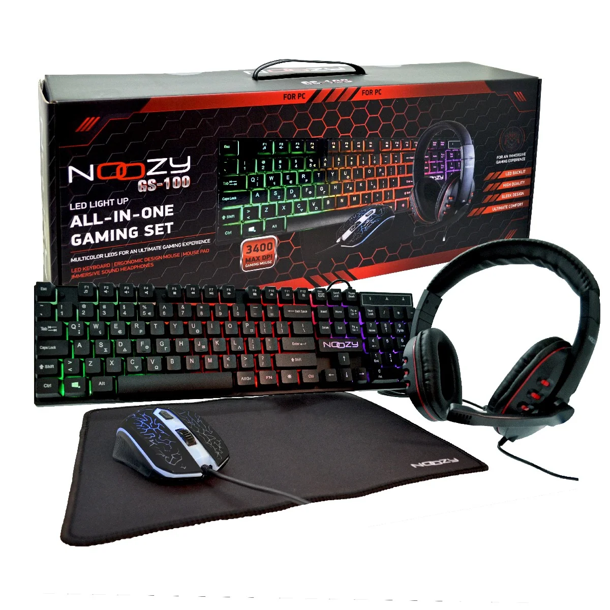 Φωτογραφία προϊόντος: Gaming Set Noozy GS-100 που αποτελείται από Gaming Ακουστικά με Μικρόφωνο, 4D Ποντίκι, LED Πληκτρολόγιο και Mousepad