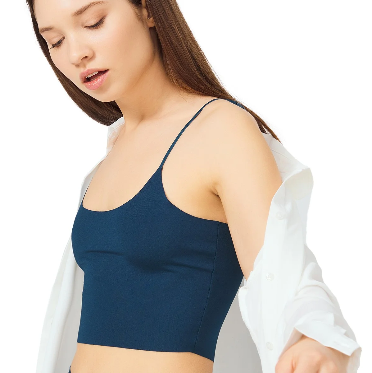 Φωτογραφία προϊόντος: Γυναικείο crop-top μπλουζάκι CottonHill με λεπτή τιράντα πετρόλ