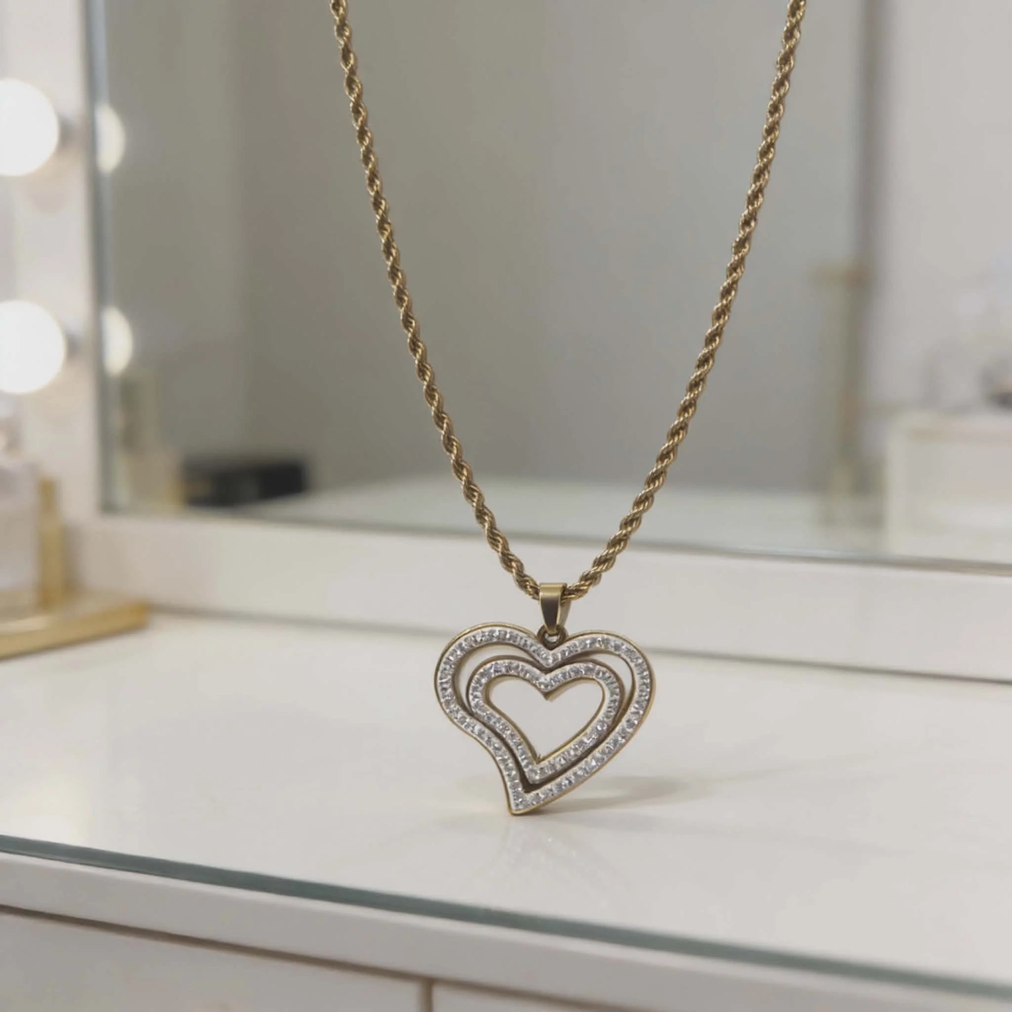 Φωτογραφία προϊόντος: LAVORE Gold Double Heart Necklace with Enamel & Crystal Details