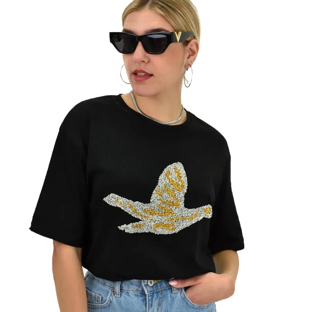 Φωτογραφία προϊόντος: Potre Γυναικείο T-shirt με στρας σε διχρωμία / Μαύρο