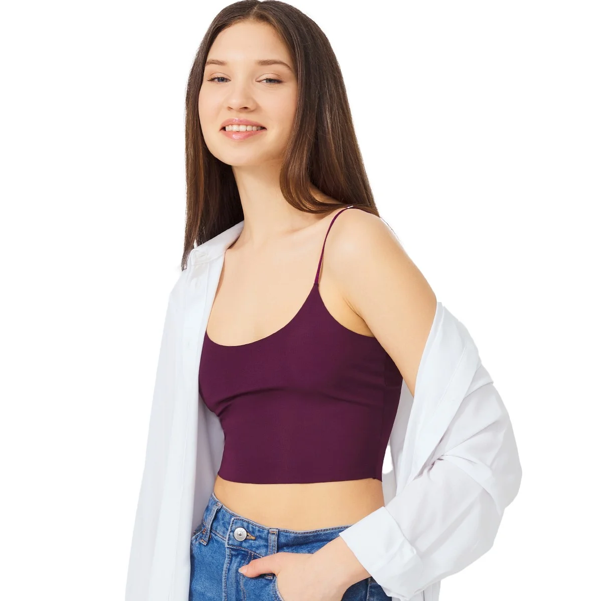 Φωτογραφία προϊόντος: Γυναικείο crop-top μπλουζάκι CottonHill με λεπτή τιράντα μωβ