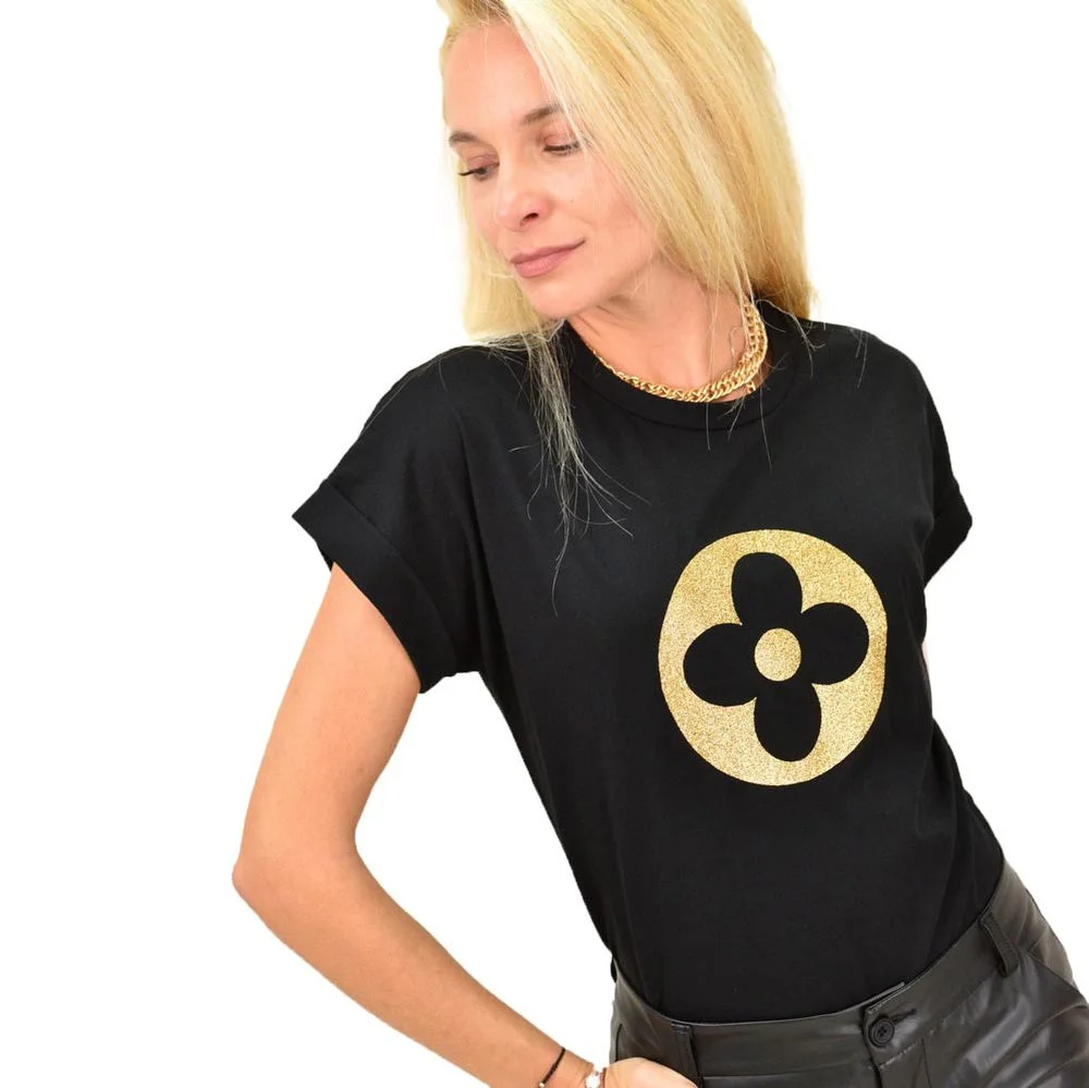 Φωτογραφία προϊόντος: First Woman Γυναικείο T-shirt με χρυσό τύπωμα λουλούδι / Μαύρο