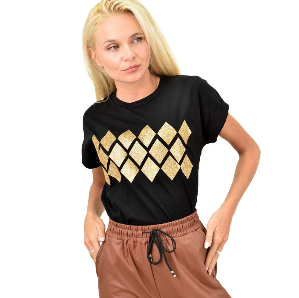 Φωτογραφία προϊόντος: First Woman Γυναικείο T-shirt με χρυσό σχέδιο / Μαύρο