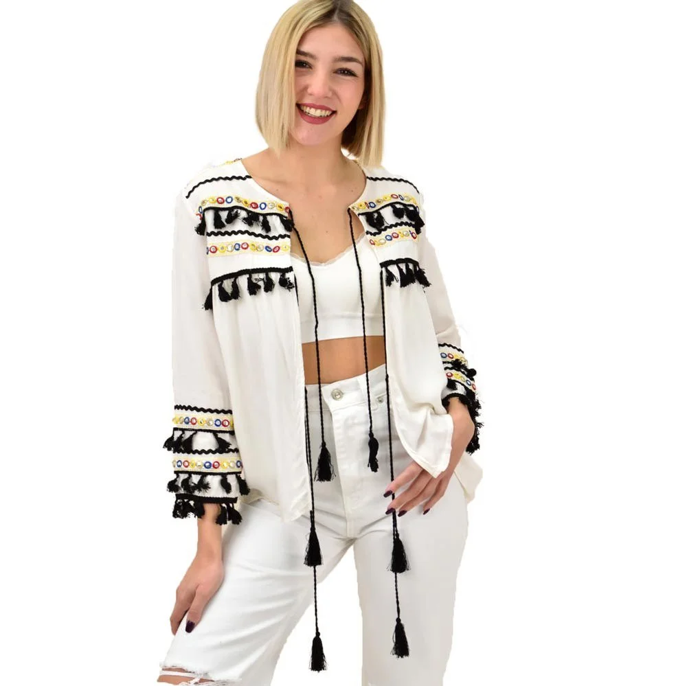 Φωτογραφία προϊόντος: Potre OR Zακέτα boho με φουντάκια και καθρεφτάκια / Λευκό