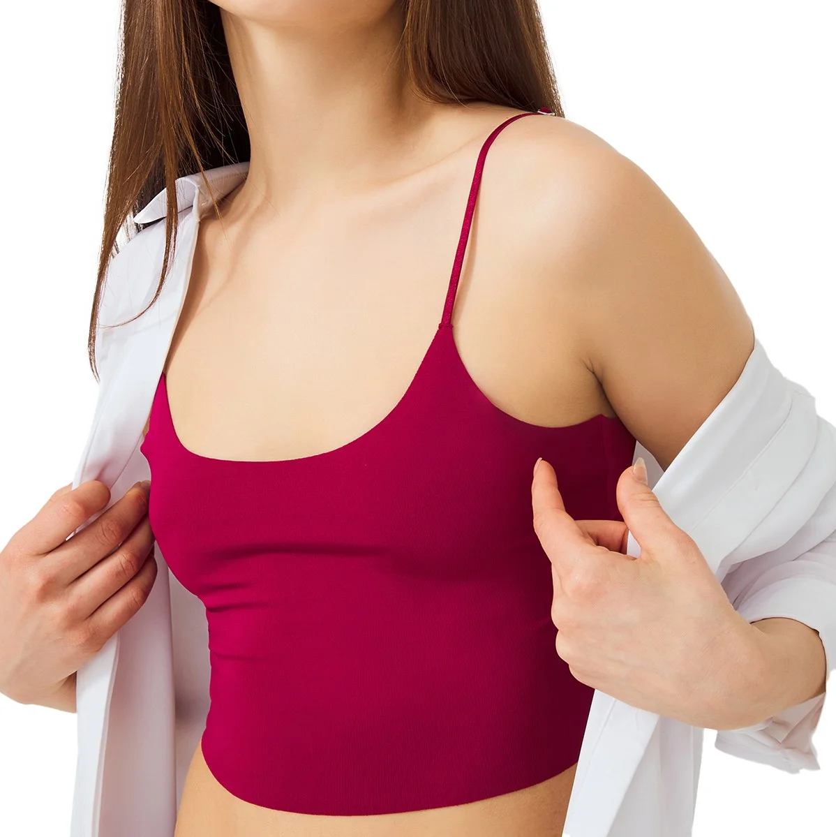 Φωτογραφία προϊόντος: Γυναικείο crop-top μπλουζάκι CottonHill με λεπτή τιράντα βυσσινί