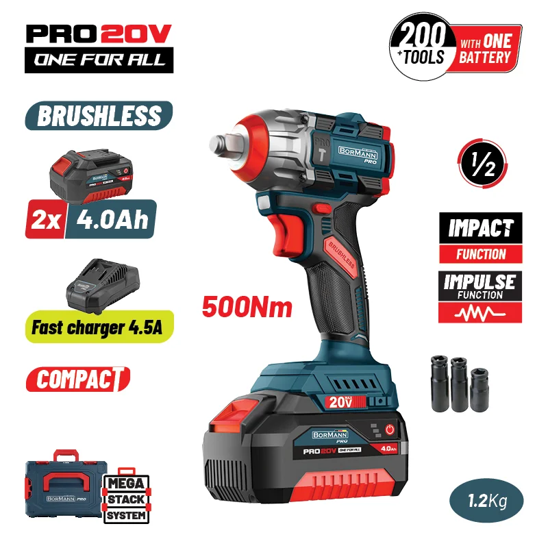 Φωτογραφία προϊόντος: Μπουλονόκλειδο Compact Brushless Mπαταρίας 20V Li-Ion 500Nm / Μπαταρίες 2x4Αh + Βαλίτσα Μεταφοράς BORMANN Pro BBP5422X44CA