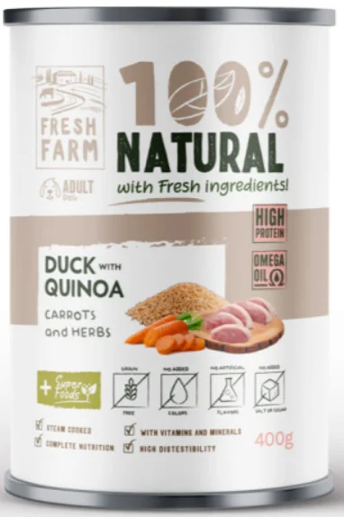 Φωτογραφία προϊόντος: Fresh Farm Πλήρης υγρή τροφή για ενήλικους σκύλους σε μορφή χονδοκομμένου πατέ με πάπια 400gr FRESH FARM (2069268)