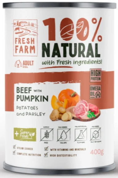 Φωτογραφία προϊόντος: Fresh Farm Πλήρης υγρή τροφή για ενήλικους σκύλους σε μορφή χονδοκομμένου πατέ με μοσχάρι 400gr FRESH FARM (2069267)