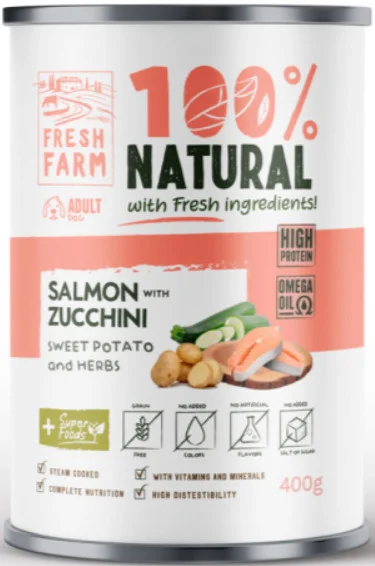 Φωτογραφία προϊόντος: Fresh Farm Πλήρης υγρή τροφή για ενήλικους σκύλους σε μορφή χονδοκομμένου πατέ με σολομό 400gr FRESH FARM (2069269)