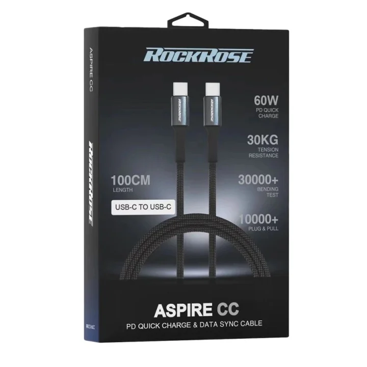 Φωτογραφία προϊόντος: ROCKROSE καλώδιο USB-C σε USB-C Aspire CC, 60W PD, 1m, μαύρο