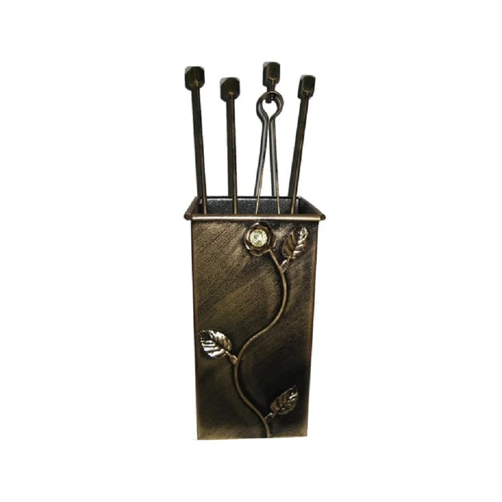 Φωτογραφία προϊόντος: GTMED Μεταλλικό Σετ Εργαλείων Τζακιού με Κουβά και σχέδιο λουλούδι Strass 16x16x33cm Πατίνα-Χαλκός / S072PC