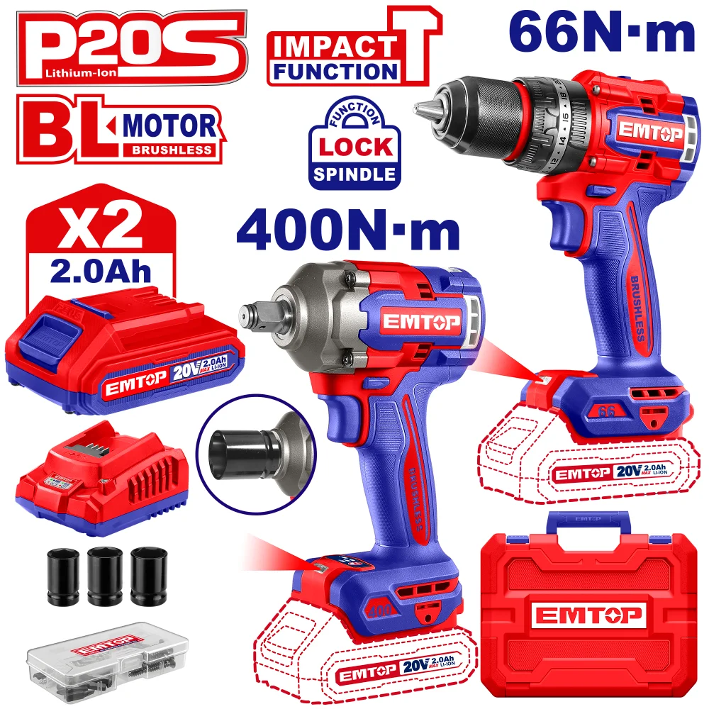 Φωτογραφία προϊόντος: EMTOP ΠΑΚΕΤΟ ΠΡΟΣΦΟΡΑΣ BRUSHLESS ΔΡΑΠΑΝΟΚΑΤΣΑΒΙΔΟ ΚΡΟΥΣΤΙΚΟ ΚΑΙ ΜΠΟΥΛΟΝΟΚΛΕΙΔΟ 20V 2Χ2ΑΗ ECKL20275