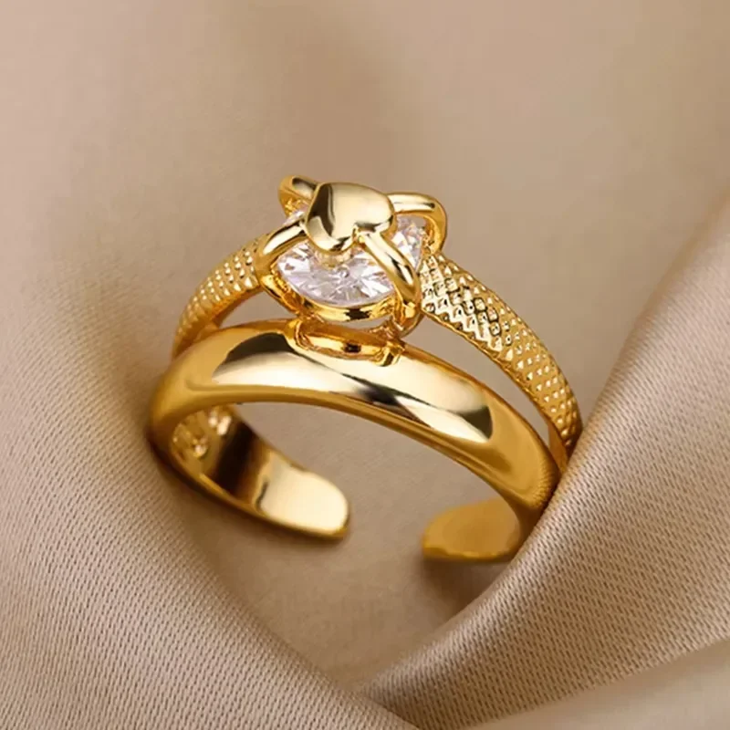 Φωτογραφία προϊόντος: Peach Jewelry Δαχτυλίδι Κομψό Στυλ 2πλο μονόπετρο Χρυσό Από Ανοξείδωτο Ατσάλι 316 και Κρύσταλλος