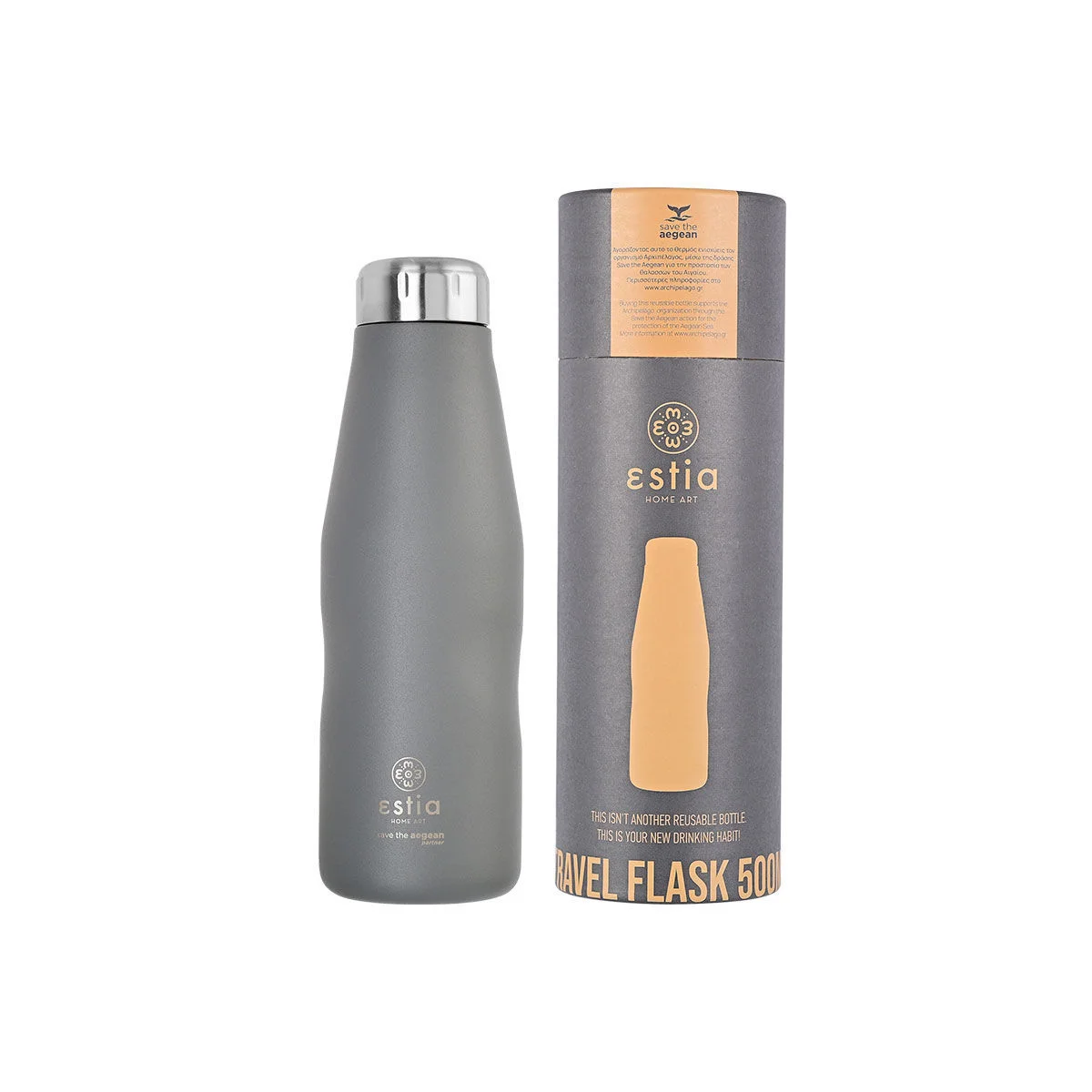 Φωτογραφία προϊόντος: ESTIA HOME ESTIA ΘΕΡΜΟΣ TRAVEL FLASK SAVE THE AEGEAN 500ml FJORD GREY