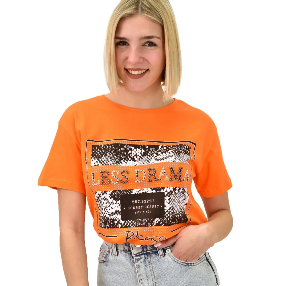 Φωτογραφία προϊόντος: Potre Γυναικείο T-shirt με στρας LESS DRAMA / Πορτοκαλί