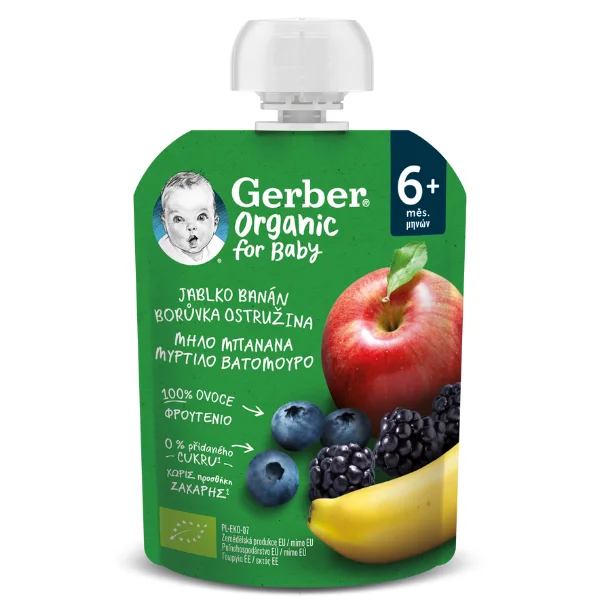 Φωτογραφία προϊόντος: Gerber Organic For Baby 6m+ Φρουτοπουρές Μήλο, Μπανάνα, Μύρτιλο + Βατόμουρο, 90gr