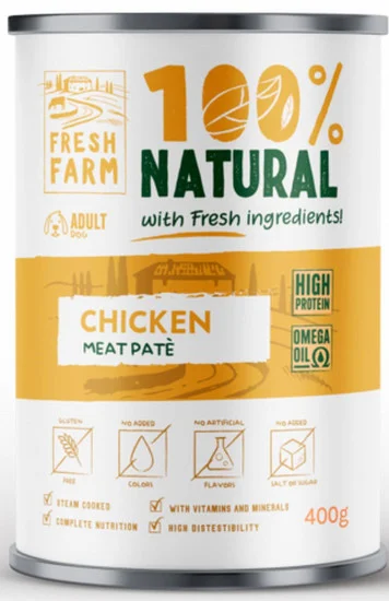Φωτογραφία προϊόντος: Fresh Farm Πλήρης υγρή τροφή για ενήλικους σκύλους σε μορφή απαλού πατέ με κοτόπουλο 400gr FRESH FARM (2069261)
