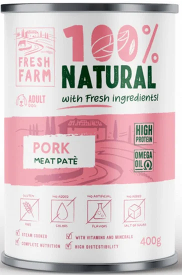 Φωτογραφία προϊόντος: Fresh Farm Πλήρης υγρή τροφή για ενήλικους σκύλους σε μορφή απαλού πατέ με χοιρινό 400gr FRESH FARM (2069264)