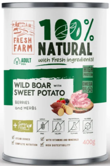 Φωτογραφία προϊόντος: Fresh Farm Πλήρης υγρή τροφή για ενήλικους σκύλους σε μορφή χονδοκομμένου πατέ με αγριόχοιρο 400gr FRESH FARM (2069270)