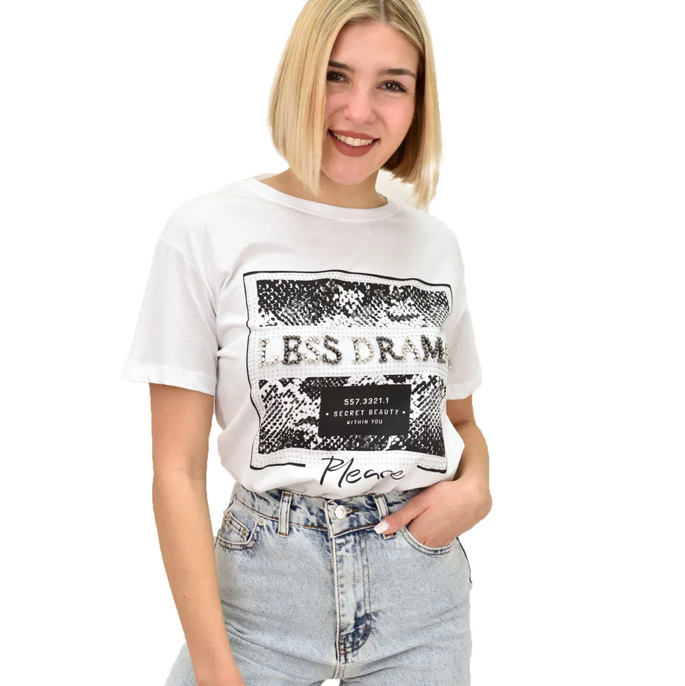 Φωτογραφία προϊόντος: Potre Γυναικείο T-shirt με στρας LESS DRAMA / Λευκό