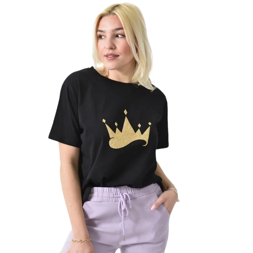Φωτογραφία προϊόντος: Potre Γυναικείο T-shirt με χρυσό τύπωμα κορώνα / Μαύρο