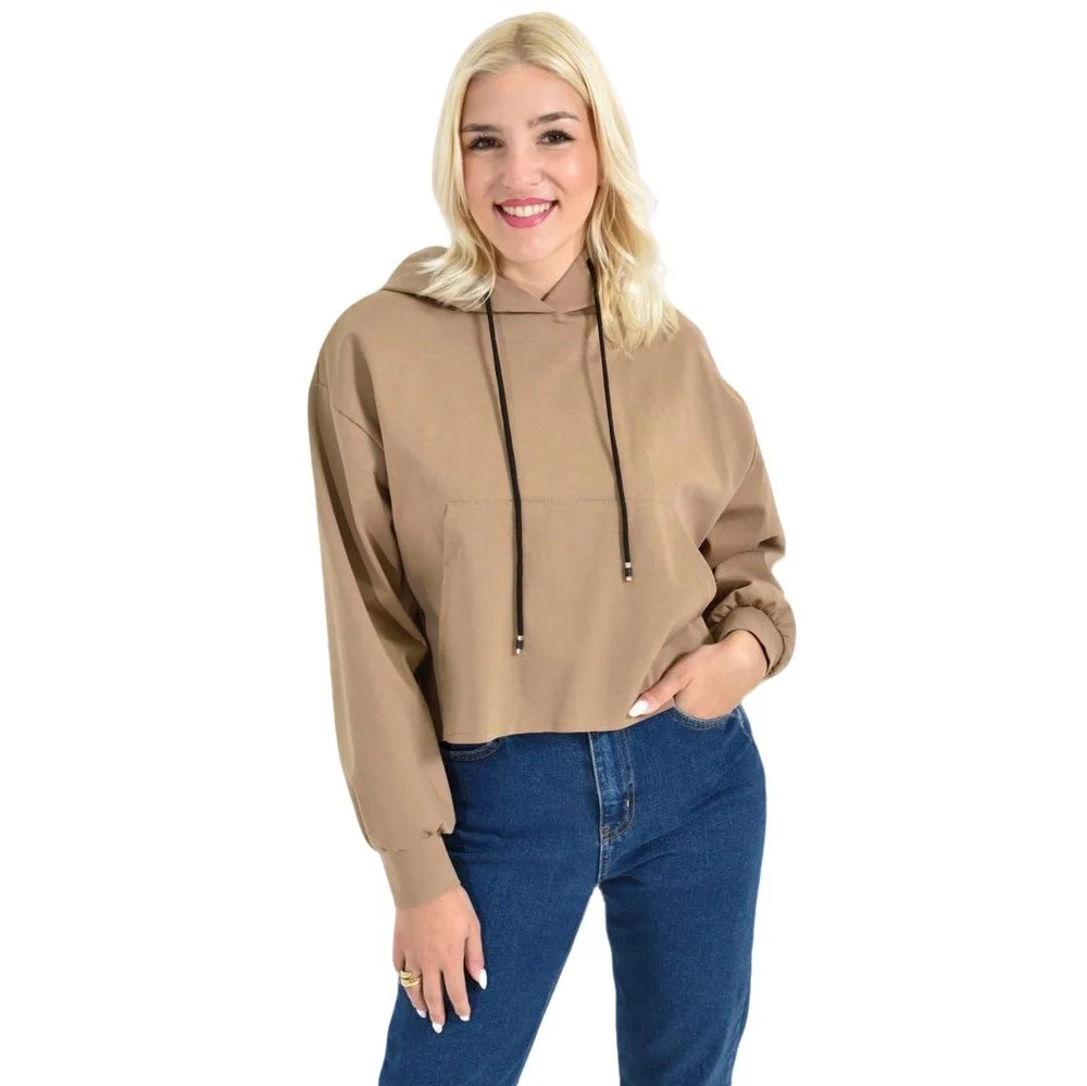 Φωτογραφία προϊόντος: Potre Γυναικείο Cropped Hoodie με Μαύρα Κορδόνια Και Τσέπες / Μπεζ