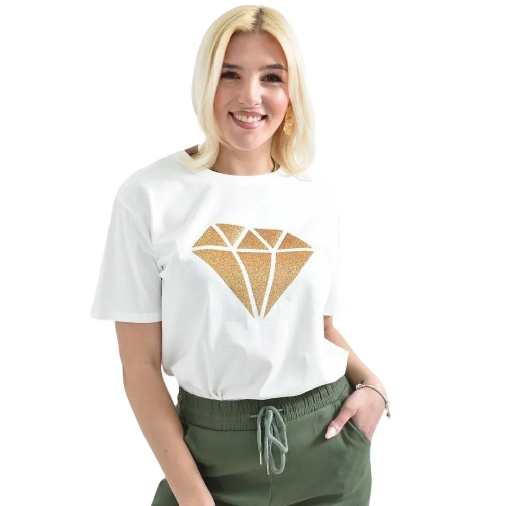 Φωτογραφία προϊόντος: Potre Γυναικείο T-shirt με χρυσό τύπωμα διαμάντι / Λευκό