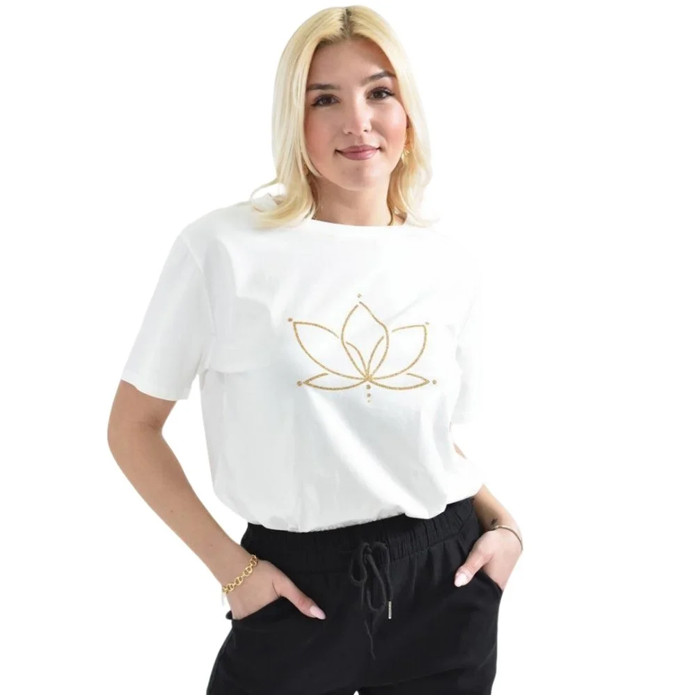 Φωτογραφία προϊόντος: Potre Γυναικείο T-shirt με χρυσό τύπωμα νούφαρο / Λευκό