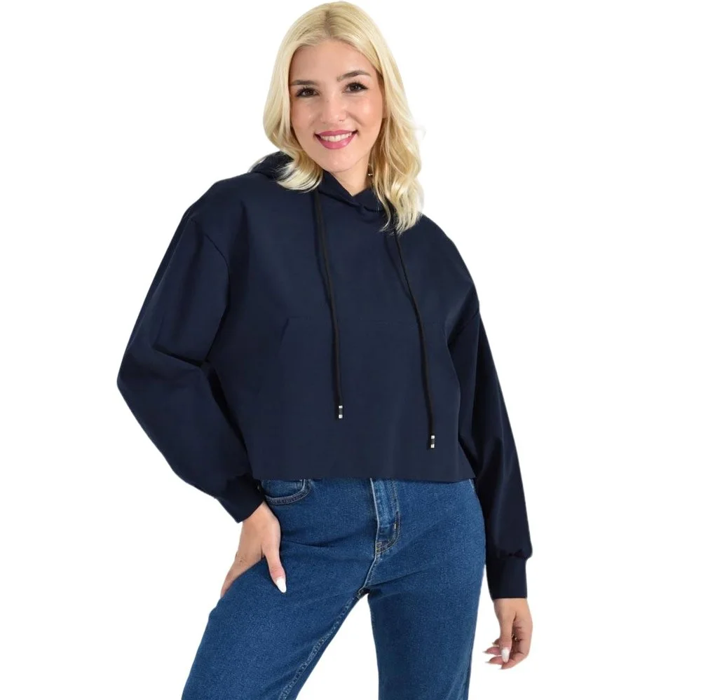 Φωτογραφία προϊόντος: Potre Γυναικείο Cropped Hoodie με Μαύρα Κορδόνια Και Τσέπες / Μπλε Σκούρο