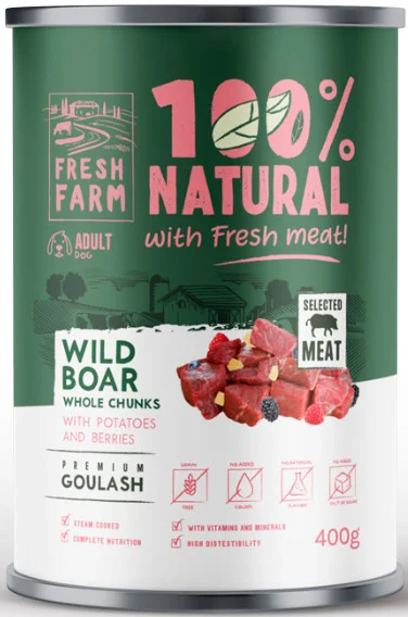 Φωτογραφία προϊόντος: Fresh Farm Πλήρης υγρή τροφή για ενήλικους σκύλους με ολόκληρα κομμάτια αγριόχοιρου 400gr FRESH FARM (2069273)
