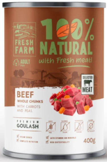 Φωτογραφία προϊόντος: Fresh Farm Πλήρης υγρή τροφή για ενήλικους σκύλους με ολόκληρα κομμάτια μοσχάρι 400gr FRESH FARM (2069272)