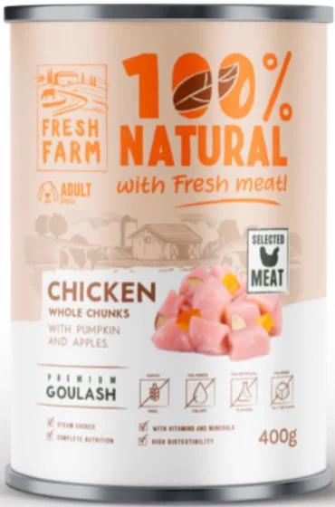 Φωτογραφία προϊόντος: Fresh Farm Πλήρης υγρή τροφή για ενήλικους σκύλους με ολόκληρα κομμάτια κοτόπουλου 400gr FRESH FARM (2069271)