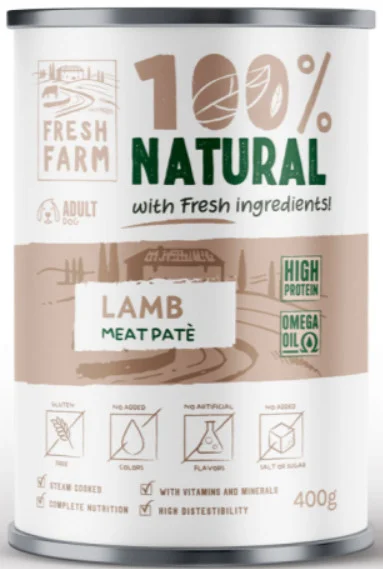 Φωτογραφία προϊόντος: Fresh Farm Πλήρης υγρή τροφή για ενήλικους σκύλους σε μορφή απαλού πατέ με αρνί 400gr FRESH FARM (2069263)