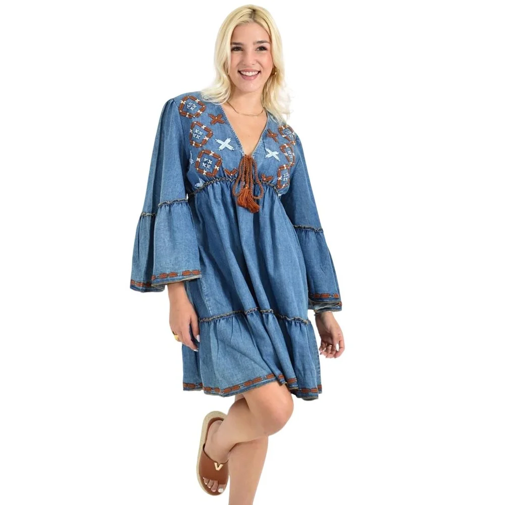 Φωτογραφία προϊόντος: Potre Μαύρο Mini Φόρεμα Folk Style με Κεντήματα & Καμπάνα Μανίκια / Μπλε Τζιν