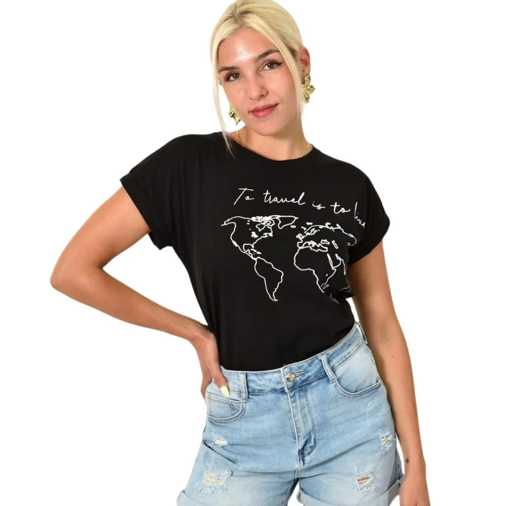 Φωτογραφία προϊόντος: First Woman Γυναικείο T-shirt με τύπωμα to travel is to live / Μαύρο