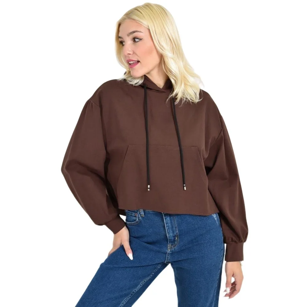 Φωτογραφία προϊόντος: Potre Γυναικείο Cropped Hoodie με Μαύρα Κορδόνια Και Τσέπες / Καφέ