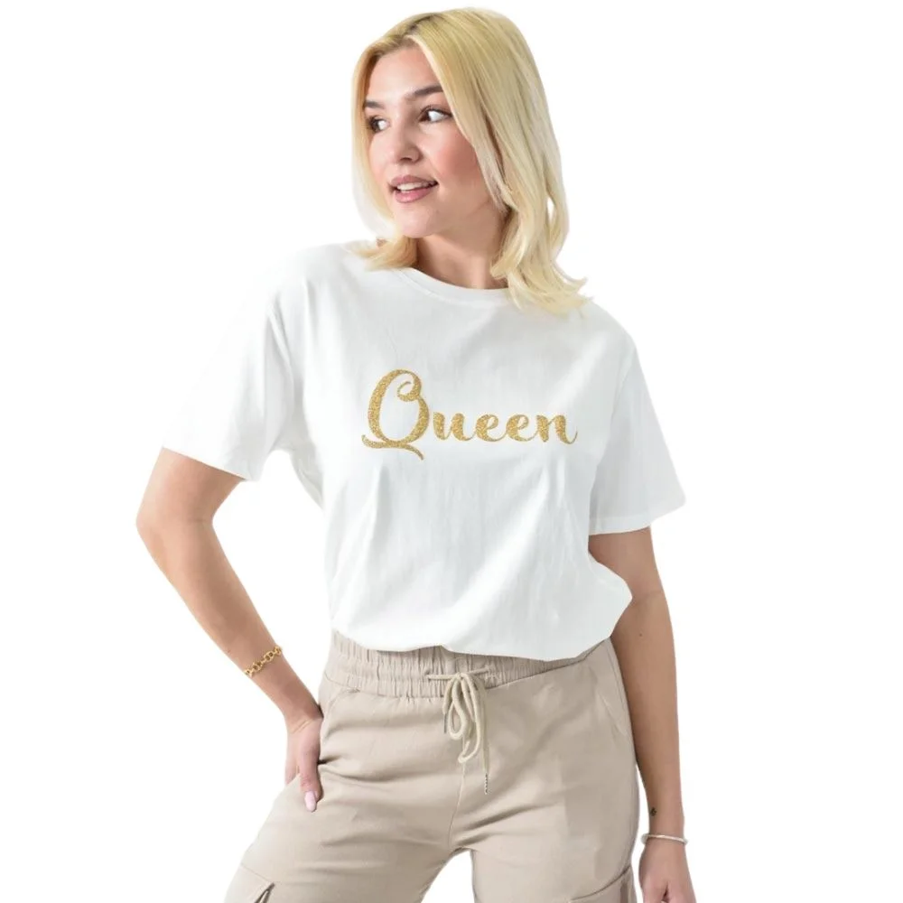 Φωτογραφία προϊόντος: Potre Γυναικείο T-shirt με χρυσό τύπωμα Queen / Λευκό