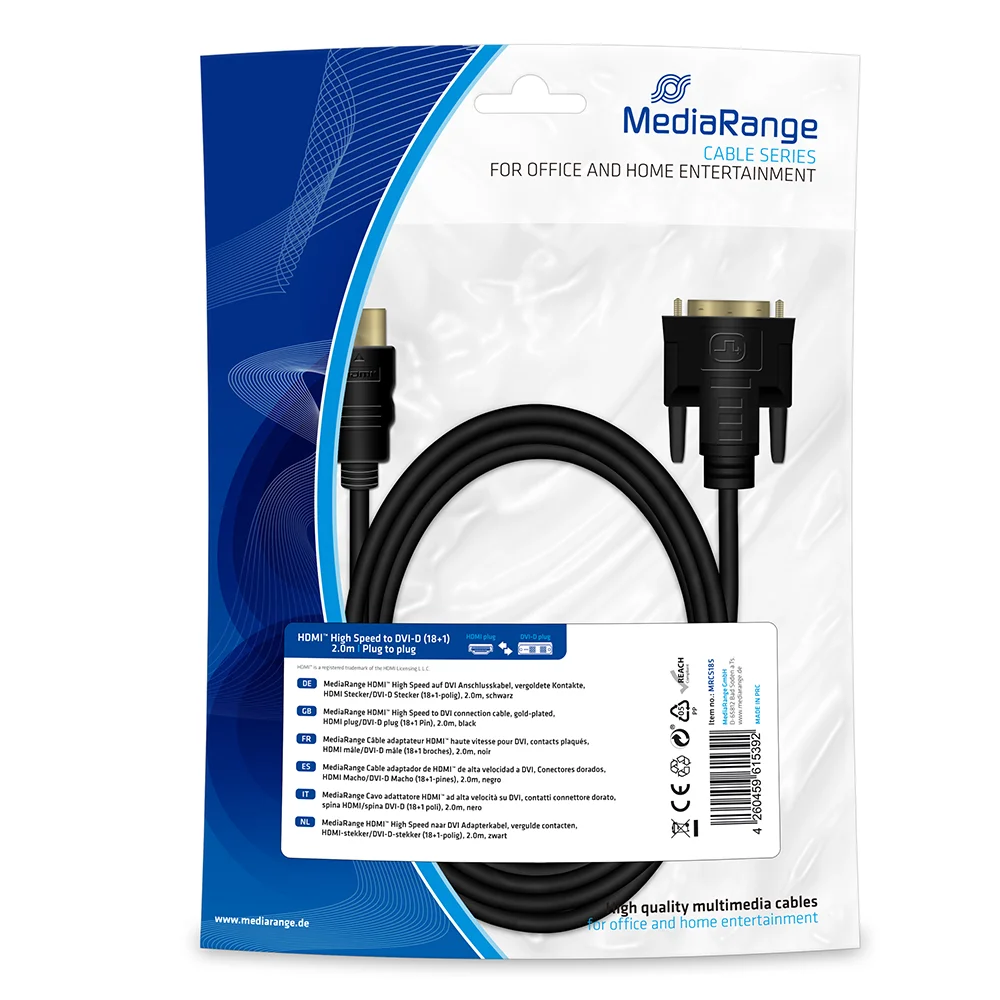 Φωτογραφία προϊόντος: Καλώδιο MediaRange HDMI to DVI connection cable, gold-plated, HDMI plug/DVI-D plug (18+1 Pin), 2.0m, black (MRCS185)