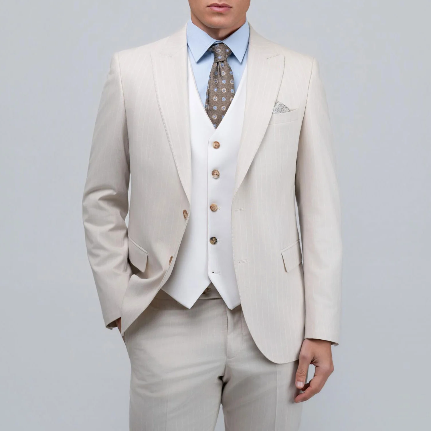 Φωτογραφία προϊόντος: Andrianopoulos Fashion Stores since 1930 Ανδρικό Μπεζ Ριγέ Κοστούμι 3-Piece με Double-Face Γιλέκο – Andrianopoulos
