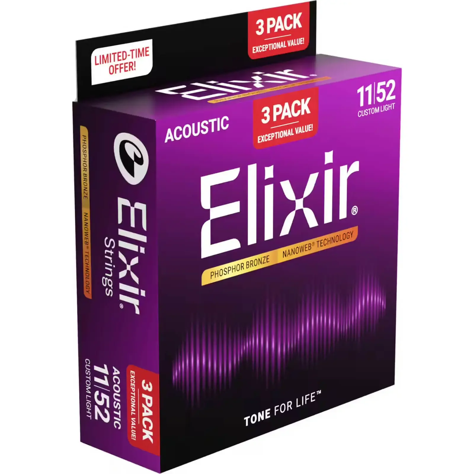Φωτογραφία προϊόντος: Elixir 16568 Nanoweb Phosphor Bronze Χορδές Ακουστικής Κιθάρας 11-52 (3-pack)