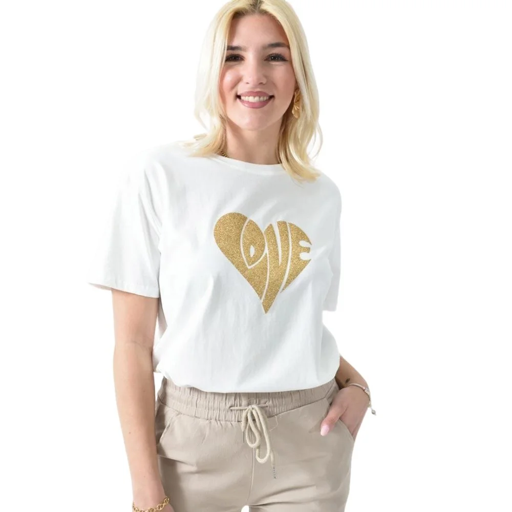 Φωτογραφία προϊόντος: Potre Γυναικείο T-shirt με χρυσό τύπωμα καρδιά LOVE / Λευκό