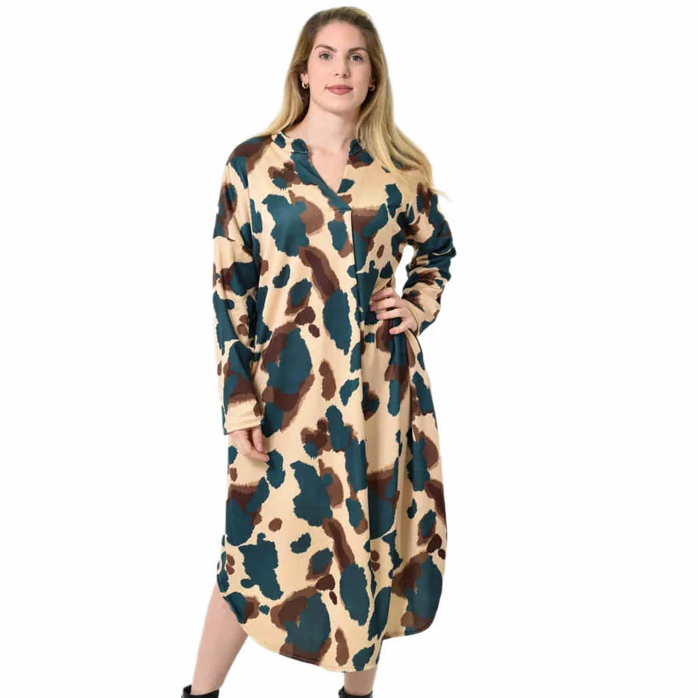 Φωτογραφία προϊόντος: Potre Midi Σεμιζιέ Φόρεμα Abstract Animal Print - Άνετη Γραμμή / Πετρόλ