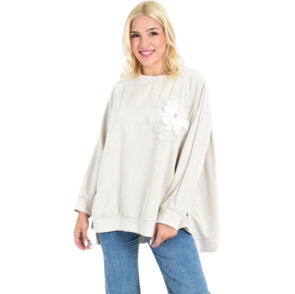 Φωτογραφία προϊόντος: Potre Γυναικεία Oversized Μπλούζα με 3D Λουλούδι / Μπεζ