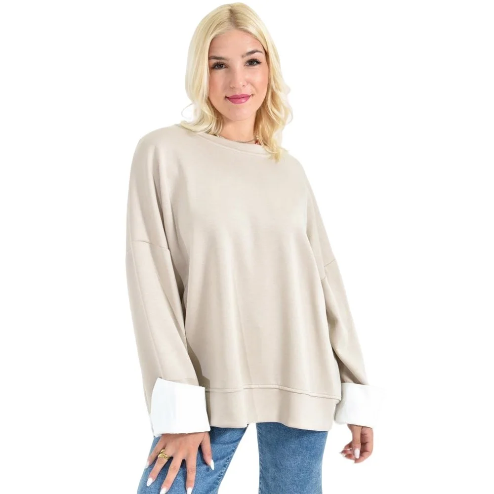 Φωτογραφία προϊόντος: Potre Γυναικεία Μπεζ Oversized Μπλούζα με Λευκά Ρεβέρ Πουκαμίσου / Μπεζ
