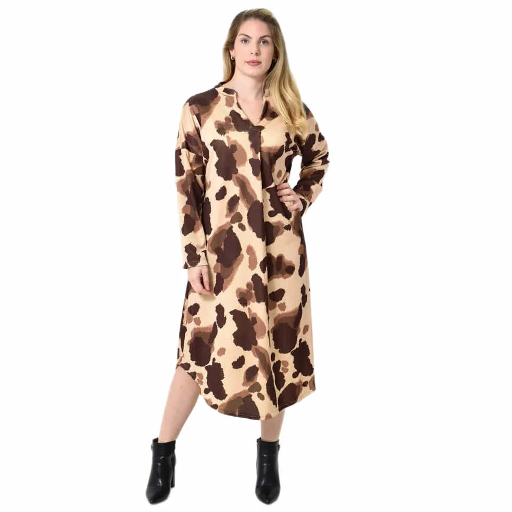 Φωτογραφία προϊόντος: Potre Midi Σεμιζιέ Φόρεμα Abstract Animal Print - Άνετη Γραμμή / Καφέ