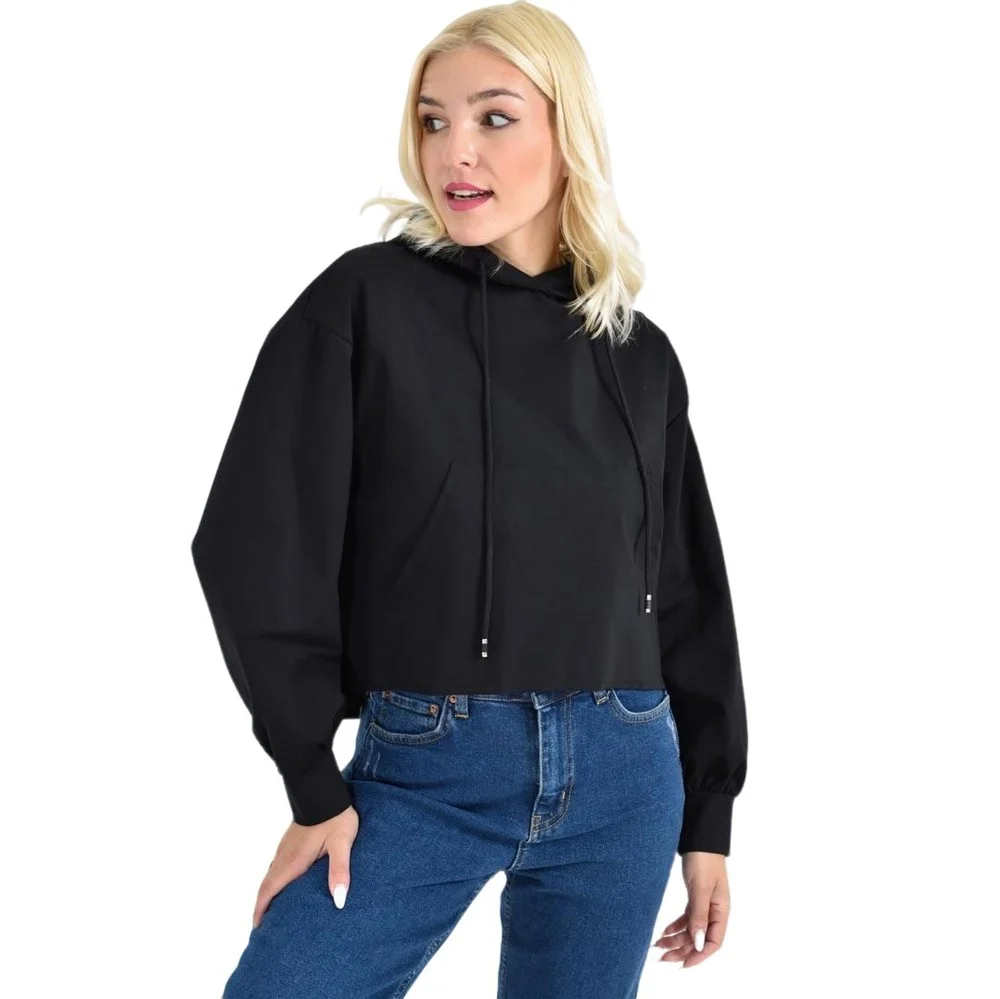 Φωτογραφία προϊόντος: Potre Γυναικείο Cropped Hoodie με Μαύρα Κορδόνια Και Τσέπες / Μαύρο